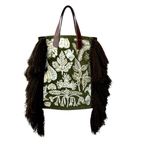 Anthropologie Handcrafted Embroidery Beaded Fringed Tote Bag Velour Wool Boho - Picture 16 of 16